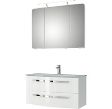 Badmöbel-Set Pelipal Xpressline 4005 BxHxT 92 x 122 x 49 cm Frontfarbe weiß hochglanz mit Waschtisch Glas weiß und Waschtisch Waschtischunterschrank Spiegelschrank mit LED-Beleuchtung 992.09001110-thumb-0
