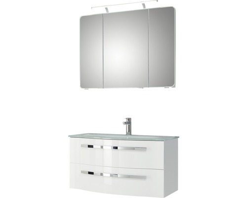 Badmöbel-Set Pelipal Xpressline 4005 BxHxT 92 x 122 x 49 cm Frontfarbe weiß hochglanz mit Waschtisch Glas weiß und Waschtisch Waschtischunterschrank Spiegelschrank mit LED-Beleuchtung 992.09001110 Weißer Waschtisch mit zwei Schubladen, Glasplatte und Spiegelschrank mit Beleuchtung