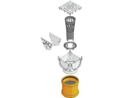 Hauraton TOP X Universalkasten mit Anschluss-Set und Geruchsverschluss silber Einzelteile eines Hofablaufs für den Außenbereich