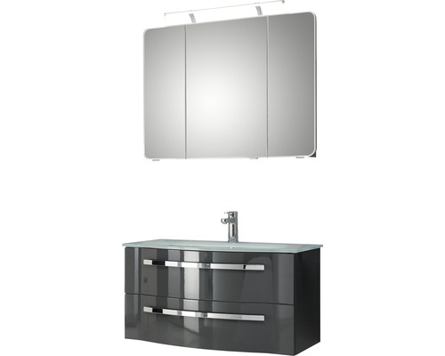 Badmöbel-Set Pelipal Xpressline 4005 BxHxT 92 x 122 x 49 cm Frontfarbe grau hochglanz mit Waschtisch Glas weiß und Waschtisch Waschtischunterschrank Spiegelschrank mit LED-Beleuchtung 992.09001120