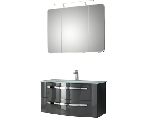 Badmöbel-Set Pelipal Xpressline 4005 BxHxT 92 x 122 x 49 cm Frontfarbe grau hochglanz mit Waschtisch Glas weiß und Waschtisch Waschtischunterschrank Spiegelschrank mit LED-Beleuchtung 992.09001120 Badezimmerset mit Spiegelschrank, Waschbeckenunterschrank, Waschtisch und Armatur