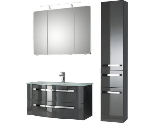 Badmöbel-Set Pelipal Xpressline 4005 BxHxT 132 x 200 x 49 cm Frontfarbe grau hochglanz mit Waschtisch Glas weiß und Waschtisch Waschtischunterschrank Spiegelschrank mit LED-Beleuchtung Hochschrank 992.09001121 Badmöbelset mit Spiegelschrank, Waschtischunterschrank und Hochschrank