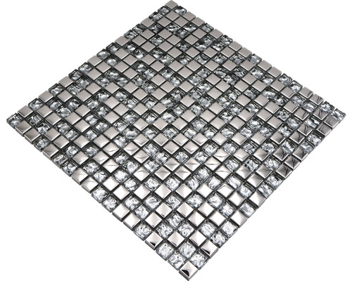 Mosaikmatte mit quadratischen Edelstahl- und Glaselementen