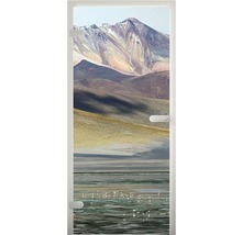 Glastür mit Berg- und Seenlandschaftsmotiv