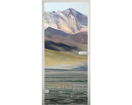 Glastür mit Berg- und Seenlandschaftsmotiv