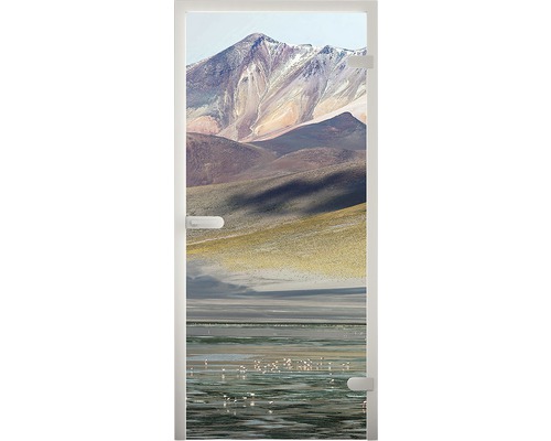 Glastür mit Berg-, See- und Flamingomotiv