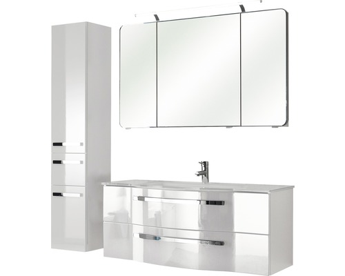 Badmöbel-Set Pelipal Xpressline 4005 BxHxT 157 x 200 x 49 cm Frontfarbe weiß hochglanz mit Waschtisch Glas weiß und Waschtisch Waschtischunterschrank Spiegelschrank mit LED-Beleuchtung Hochschrank 992.12001111 Badezimmer-Set mit Waschtischunterschrank, Spiegelschrank und Hochschrank