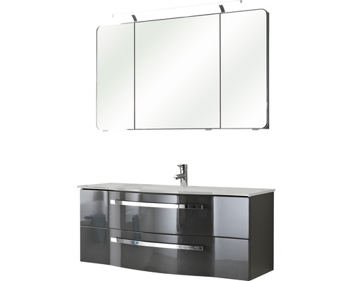 Badmöbel-Set Pelipal Xpressline 4005 BxHxT 120 x 200 x 49 cm Frontfarbe grau hochglanz mit Waschtisch Glas weiß und Waschtisch Waschtischunterschrank Spiegelschrank mit LED-Beleuchtung 992.12001120