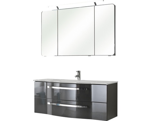 Badmöbel-Set Pelipal Xpressline 4005 BxHxT 120 x 200 x 49 cm Frontfarbe grau hochglanz mit Waschtisch Glas weiß und Waschtisch Waschtischunterschrank Spiegelschrank mit LED-Beleuchtung 992.12001120 Badezimmerset mit Spiegelschrank und Unterschrank mit Waschbecken