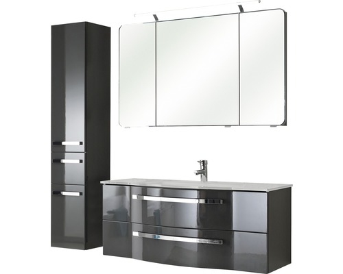 Badmöbel-Set Pelipal Xpressline 4005 BxHxT 157 x 200 x 49 cm Frontfarbe grau hochglanz mit Waschtisch Glas weiß und Waschtisch Waschtischunterschrank Spiegelschrank mit LED-Beleuchtung Hochschrank 992.12001121 Badezimmer-Set mit Waschtischunterschrank, Spiegelschrank und Hochschrank