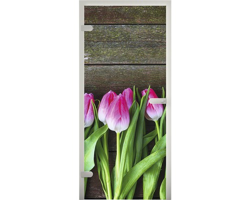Tür mit Tulpenmotiv und Holzhintergrund