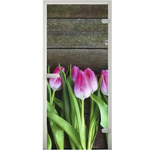 Glastür mit Tulpenmotiv und Holzoptik