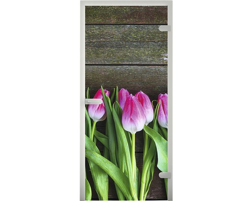 Glastür mit Tulpenmotiv und Holzoptik