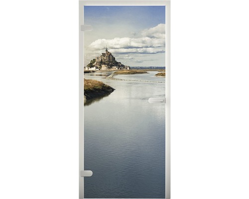 Ganzglastür mit einem Bild von Mont Saint-Michel