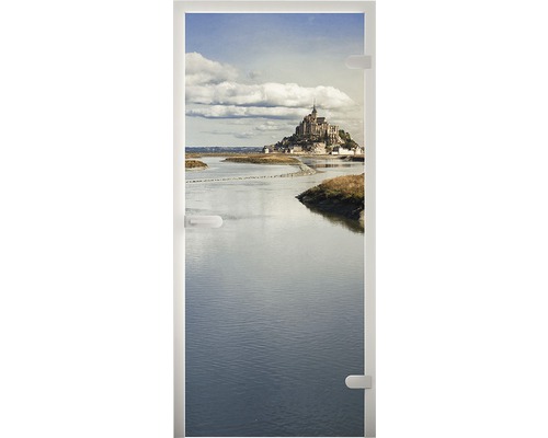 Glastür mit Landschaftsmotiv von Mont-Saint-Michel