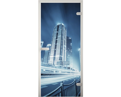 Innentür mit Stadtansicht bei Nacht