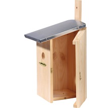 Vogelhaus aus Holz mit Metalldach und zu öffnender Tür