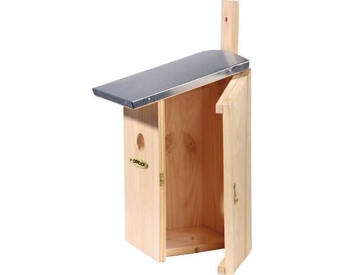 Vogelhaus aus Holz mit Metalldach und zu öffnender Tür