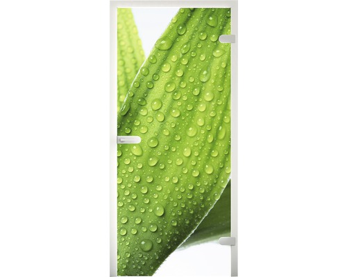 Glastür mit einem Aufdruck von einem Blatt mit Wassertropfen