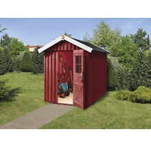 Gartenschrank aus Holz mit geöffneter Tür und Gartengeräten im Inneren.