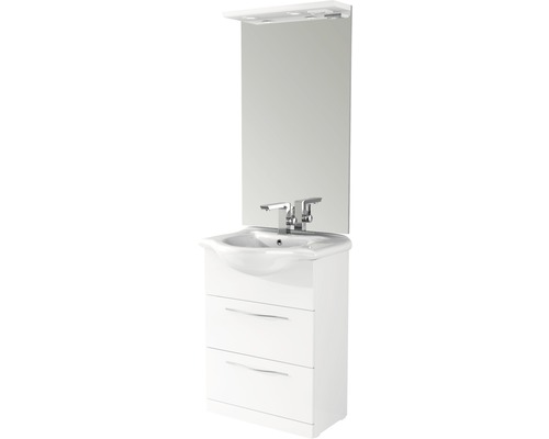 Badmöbel-Set Baden Haus Bahia BxHxT 65 x 190 x 50 cm Frontfarbe weiß hochglanz mit Waschtisch Keramik weiß und Waschtischunterschrank Waschtisch Spiegel mit LED-Beleuchtung Waschtisch mit Spiegel, Unterschrank und zwei Schubladen