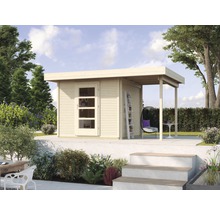 Holzgartenhaus mit überdachter Terrasse im Garten