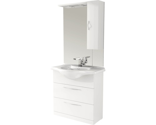 Badmöbel-Set Baden Haus Bahia BxHxT 86 x 190 x 50 cm Frontfarbe weiß hochglanz mit Waschtisch Keramik weiß und Waschtisch Waschtischunterschrank Schubkästen mit Soft-Close-Funktion Spiegel Weißer Waschtisch mit Spiegel, Beleuchtung und Unterschrank für das Badezimmer