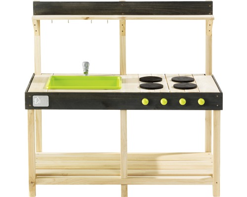 Spielküche aus Holz mit Spüle, Kochfeldern und Ablagefläche