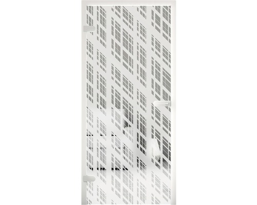 Glastür mit geometrischem Muster und Beschlägen