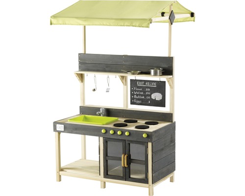 Spielküche aus Holz mit Markise, Spüle, Herdplatten, Backofen, Tafel und Zubehör