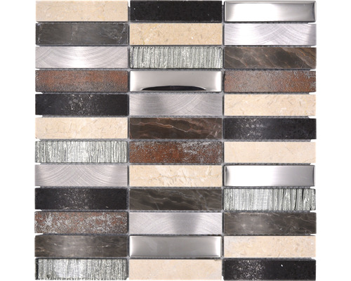 Glasmosaik NIGHT 48X mix schwarz/beige/braun 29,8x29,8 cm Mosaikfliese mit Stein-, Glas- und Metallelementen