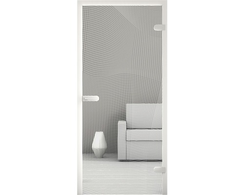 Fliegengittertür mit Insektenschutzgitter vor Wohnzimmerszene