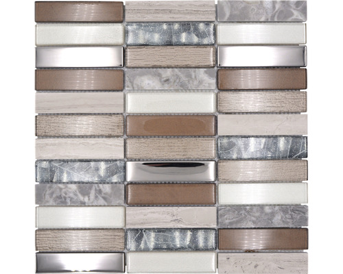 Glasmosaik NIGHT 68X mix braun/beige 29,8x29,8 cm Mosaikfliese mit rechteckigen Elementen aus Glas und Naturstein