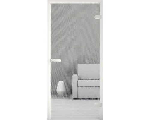 Fliegengittertür mit Griff und Scharnieren vor Wohnzimmer