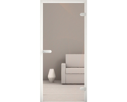 Insektenschutztür mit weißem Rahmen vor Wohnzimmer