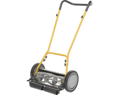 Handrasenmäher mit gelbem Griff und schwarzen Rädern