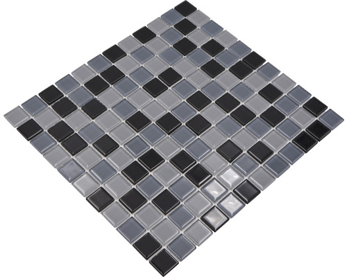 Mosaikfliese mit kleinen quadratischen Glassteinen in Grau und Schwarz
