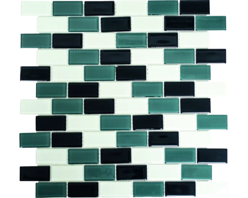 Mosaikfliesenmuster mit rechteckigen Glasfliesen in schwarz, grün und weiß