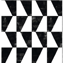Geometrisches Muster mit Dreiecken und Quadraten in Schwarz und Weiß.