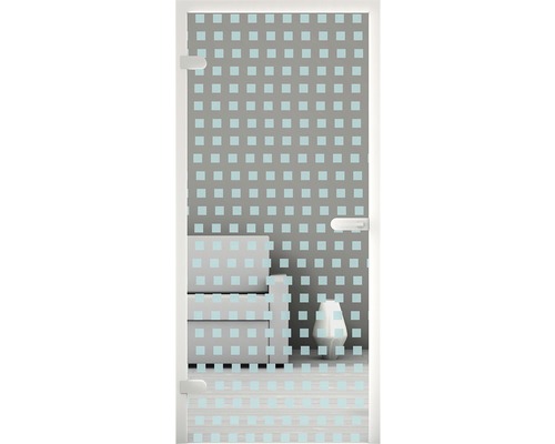 Quadratisches Muster auf einer Duschkabinentür aus Glas