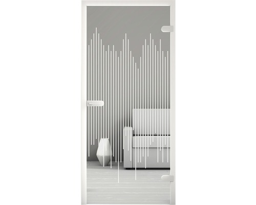 Glastür mit linearem Design vor Wohnzimmerambiente