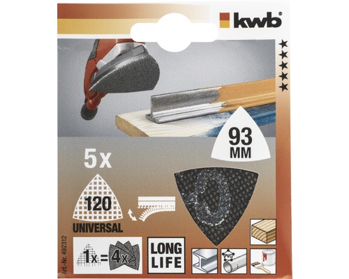 kwb Schleifblatt-Set, dreieckig, Körnung 120, Größe 93 mm, 5 Stück