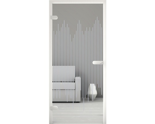 Glastür mit Streifenmuster vor Wohnzimmerszene