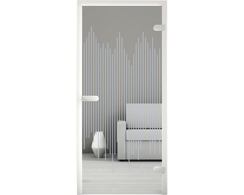 Glastür mit linearem Dekor und Beschlägen in einem Wohnraum