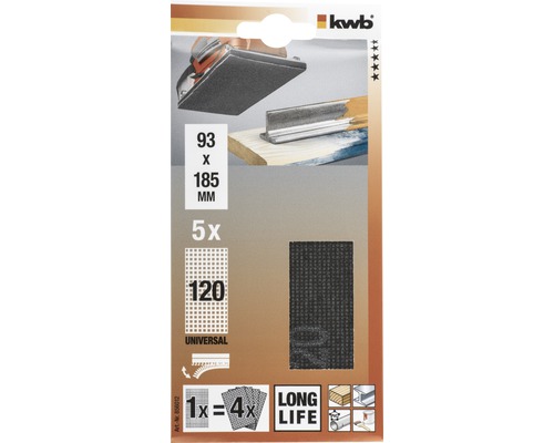 Klingspor Schleifpapier Set mit einer Körnung von 120 und den Maßen 93 mal 185 Millimeter