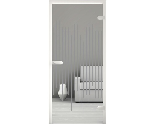 Glastür mit Streifenmuster vor Wohnzimmereinrichtung