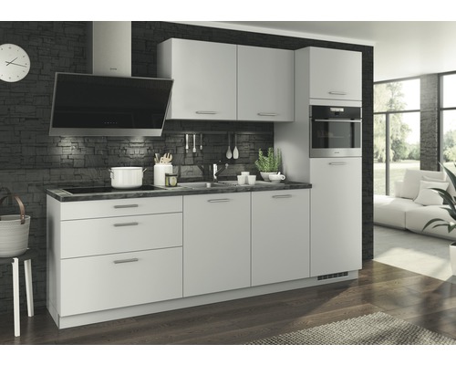 Moderne Küche mit weißen Schränken, Dunstabzugshaube und Backofen