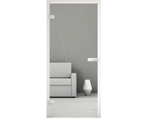 Glastür mit abstraktem Design in einer Inneneinrichtung mit Sofa und Vase