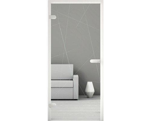 Glastür mit linearem Design, zu sehen ist ein angedeutetes Sofa und eine Vase