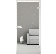 Glastür mit Linienmuster vor einem Wohnzimmer